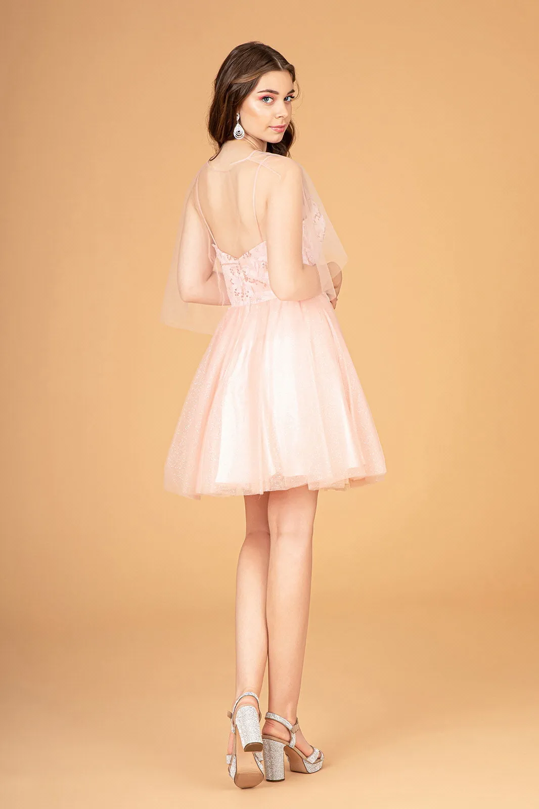 3D Floral Short Glitter Cape Dress by Elizabeth K GS3089