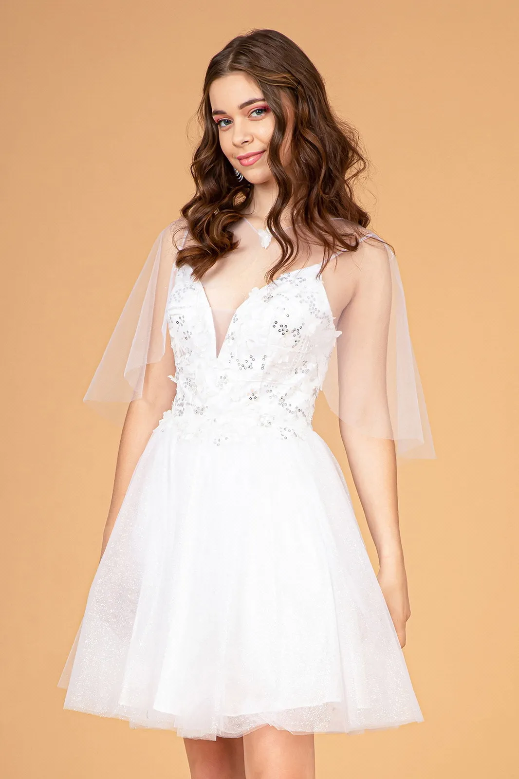 3D Floral Short Glitter Cape Dress by Elizabeth K GS3089
