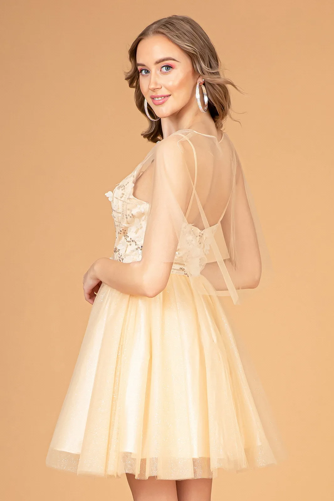 3D Floral Short Glitter Cape Dress by Elizabeth K GS3089