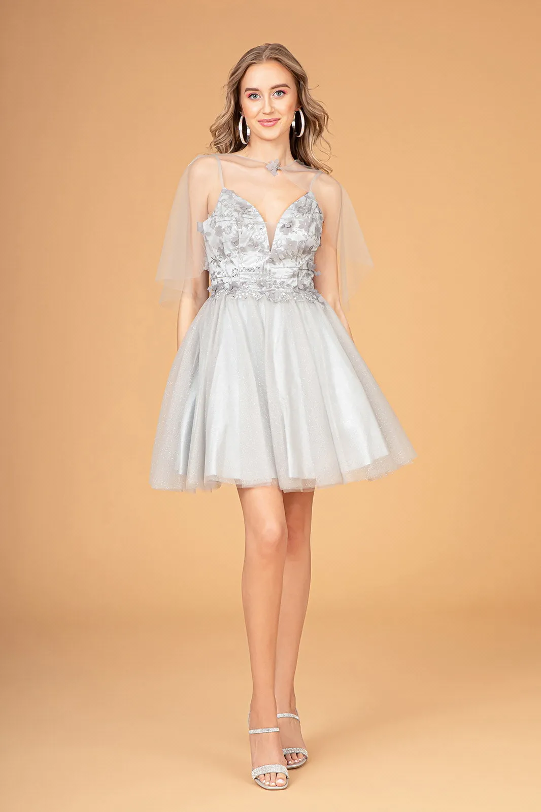 3D Floral Short Glitter Cape Dress by Elizabeth K GS3089