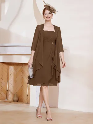 A-Line Chiffon Knee-length Dress With Jacket Brown