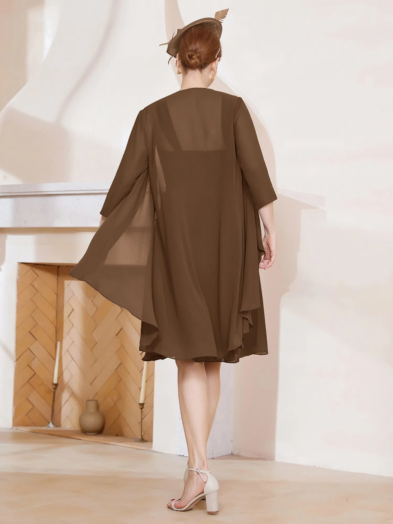 A-Line Chiffon Knee-length Dress With Jacket Brown