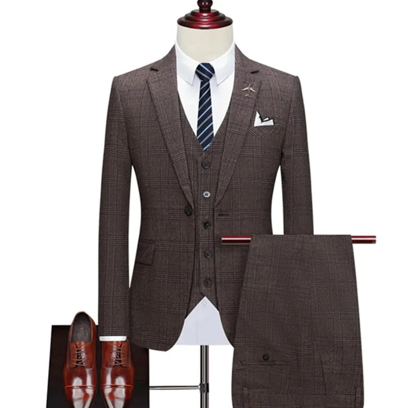 Aidase Jacket Vest Pants New Fashion Boutique Plaid Casual Office Business Men Suit Groom Wedding Dress Tuxedo 3 Pcs Blazers Set