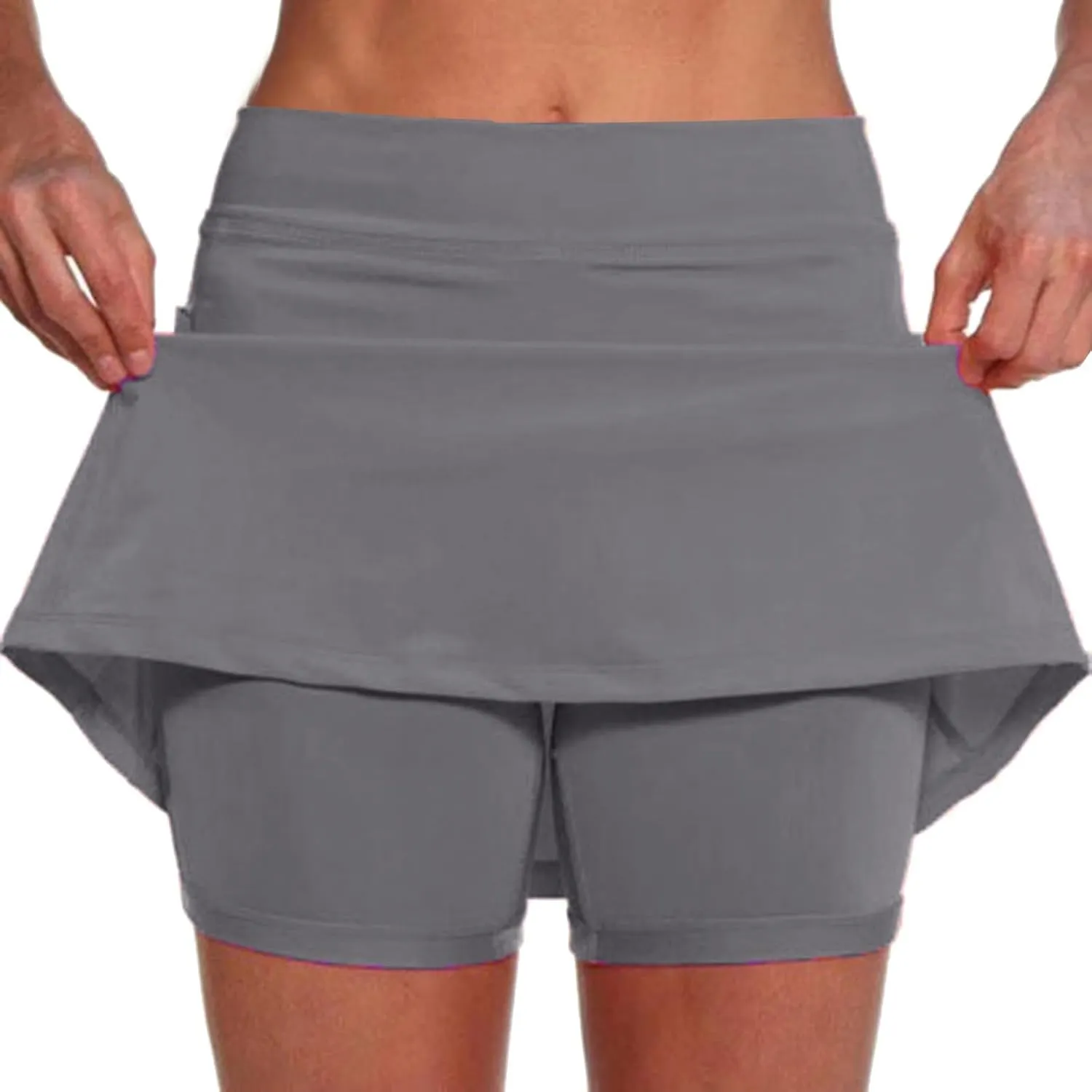 AMDBEL Elastic Yoga Culottes for Women Athletic Skirt Shorts Lightweight High Waist Running Bike Sports Shorts with Pockets Grey