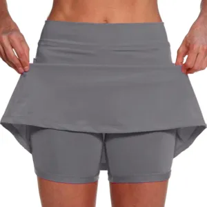 AMDBEL Elastic Yoga Culottes for Women Athletic Skirt Shorts Lightweight High Waist Running Bike Sports Shorts with Pockets Grey