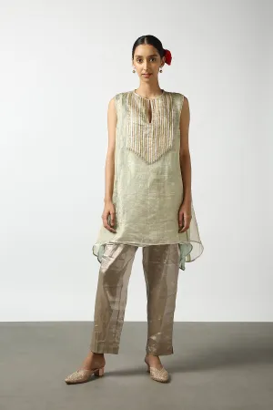 Banarasi Georgette Tissue Flare With Kanchi Gold and Silver Strip Yoke. Kanchi Tissue Pant.