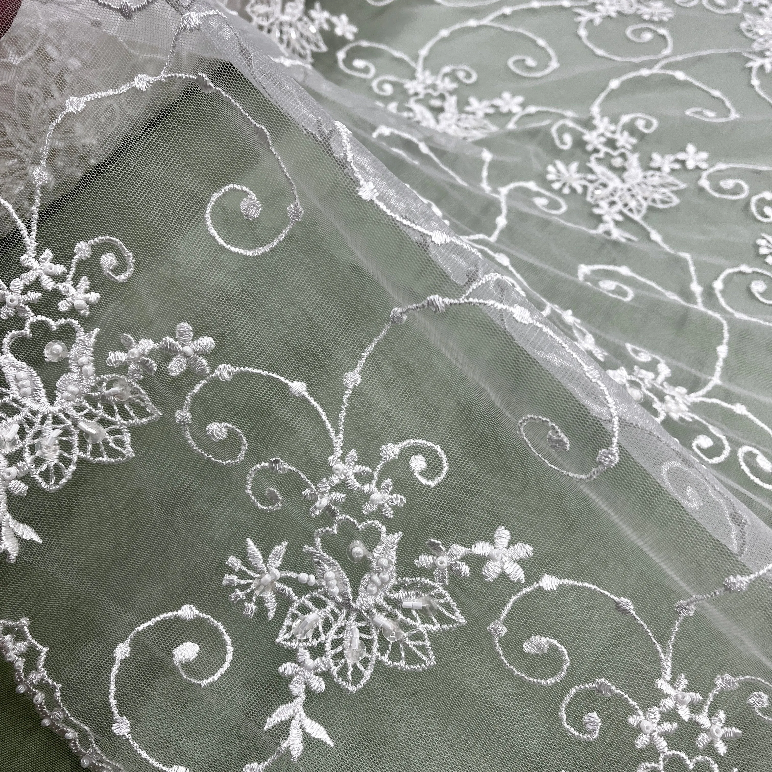 Beaded Lace Fabric Embroidered on 100% Polyester Net Mesh | Lace USA - 31094W-BP