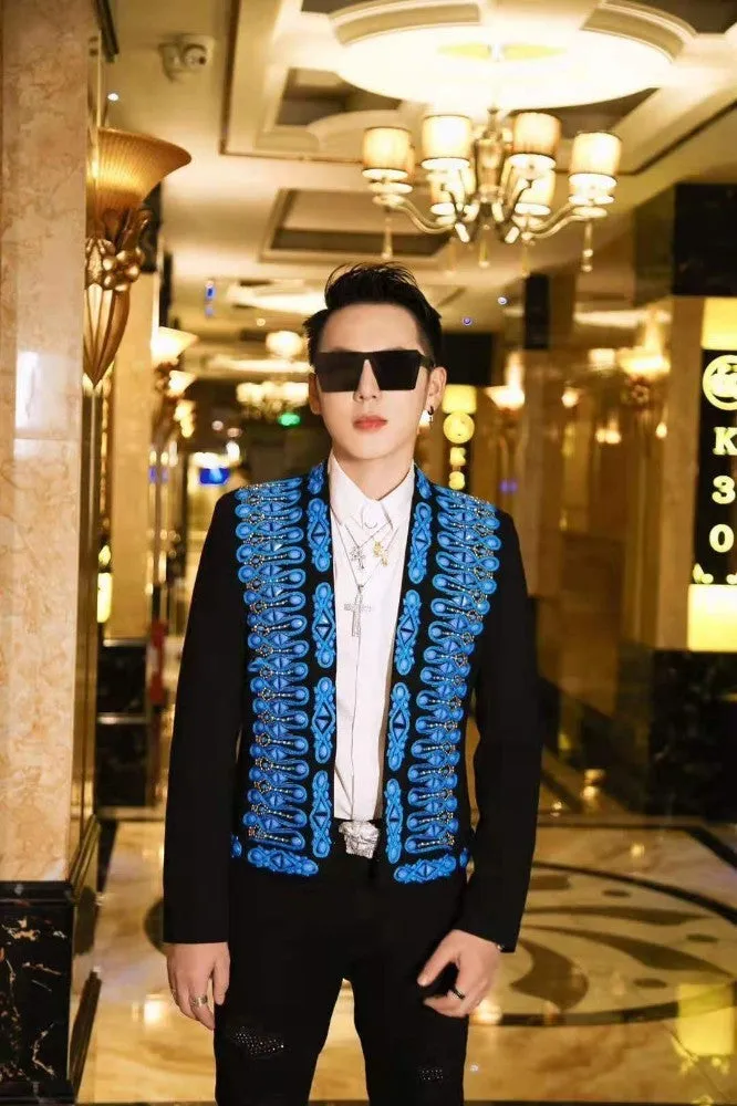 Black Court Pattern in Blue Sequin Embroidery Design Men Blazer