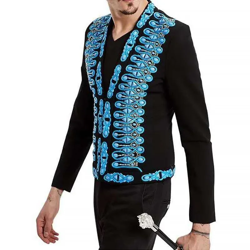 Black Court Pattern in Blue Sequin Embroidery Design Men Blazer