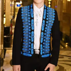 Black Court Pattern in Blue Sequin Embroidery Design Men Blazer