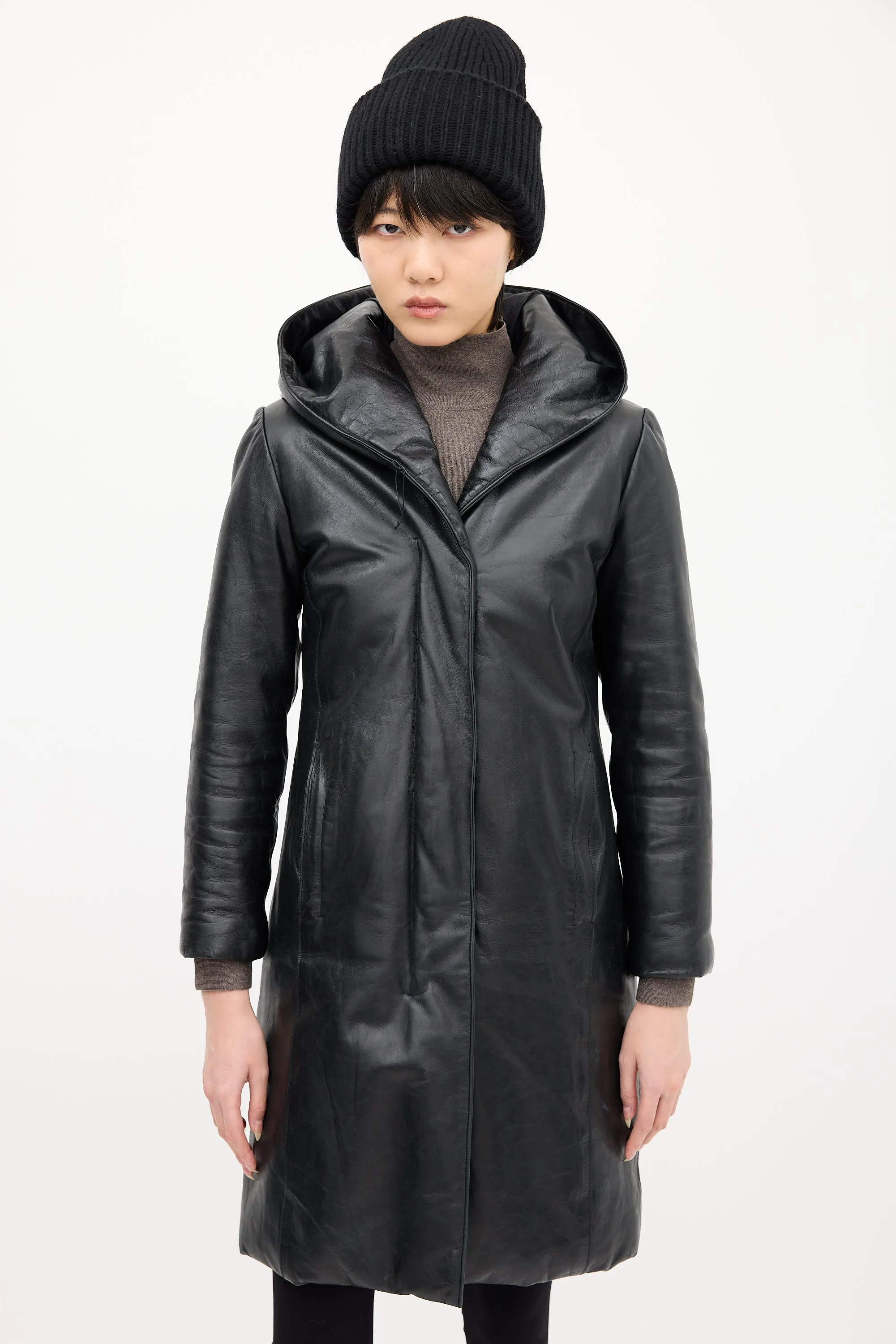 Black Leather Hooded & Padded Coat