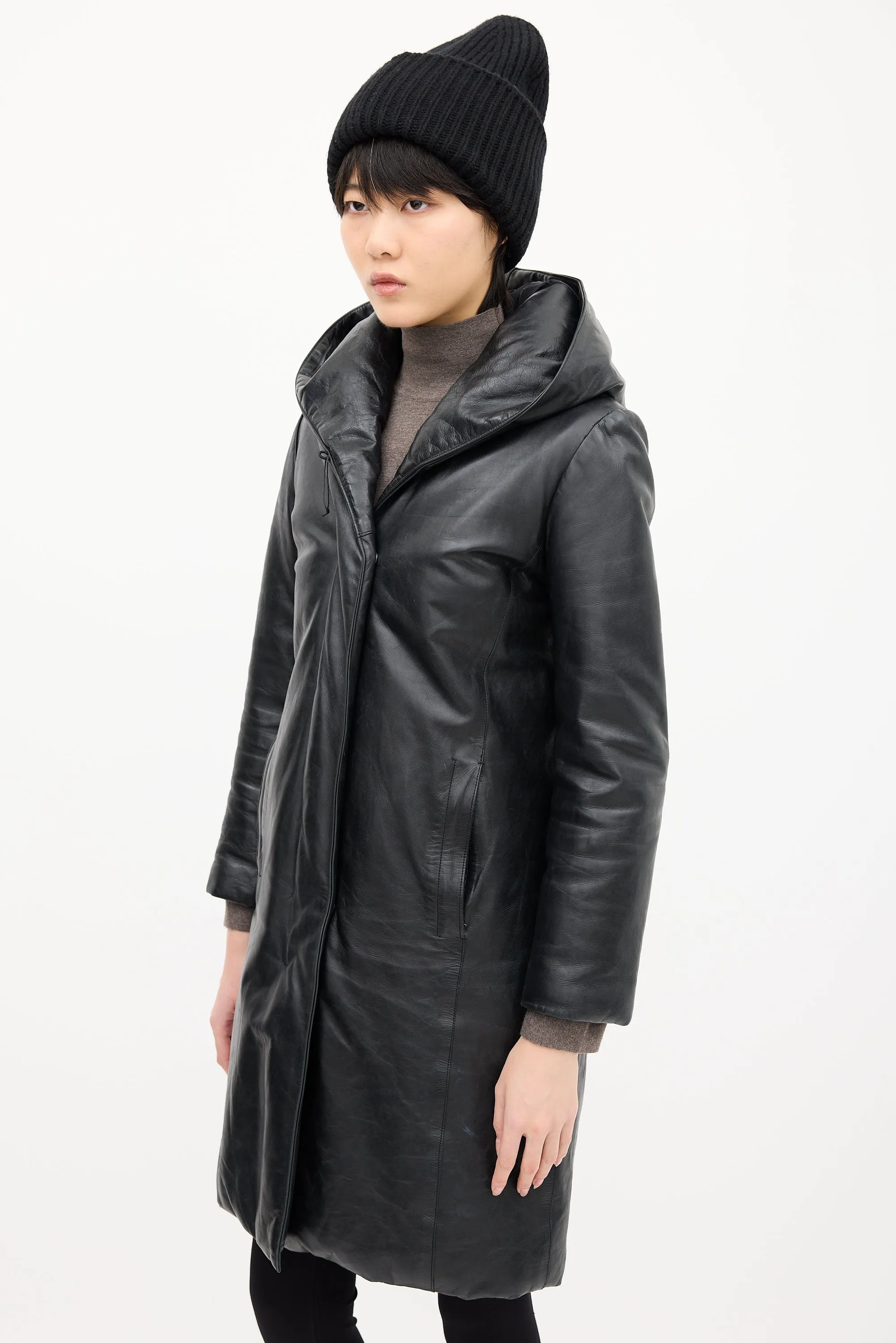 Black Leather Hooded & Padded Coat