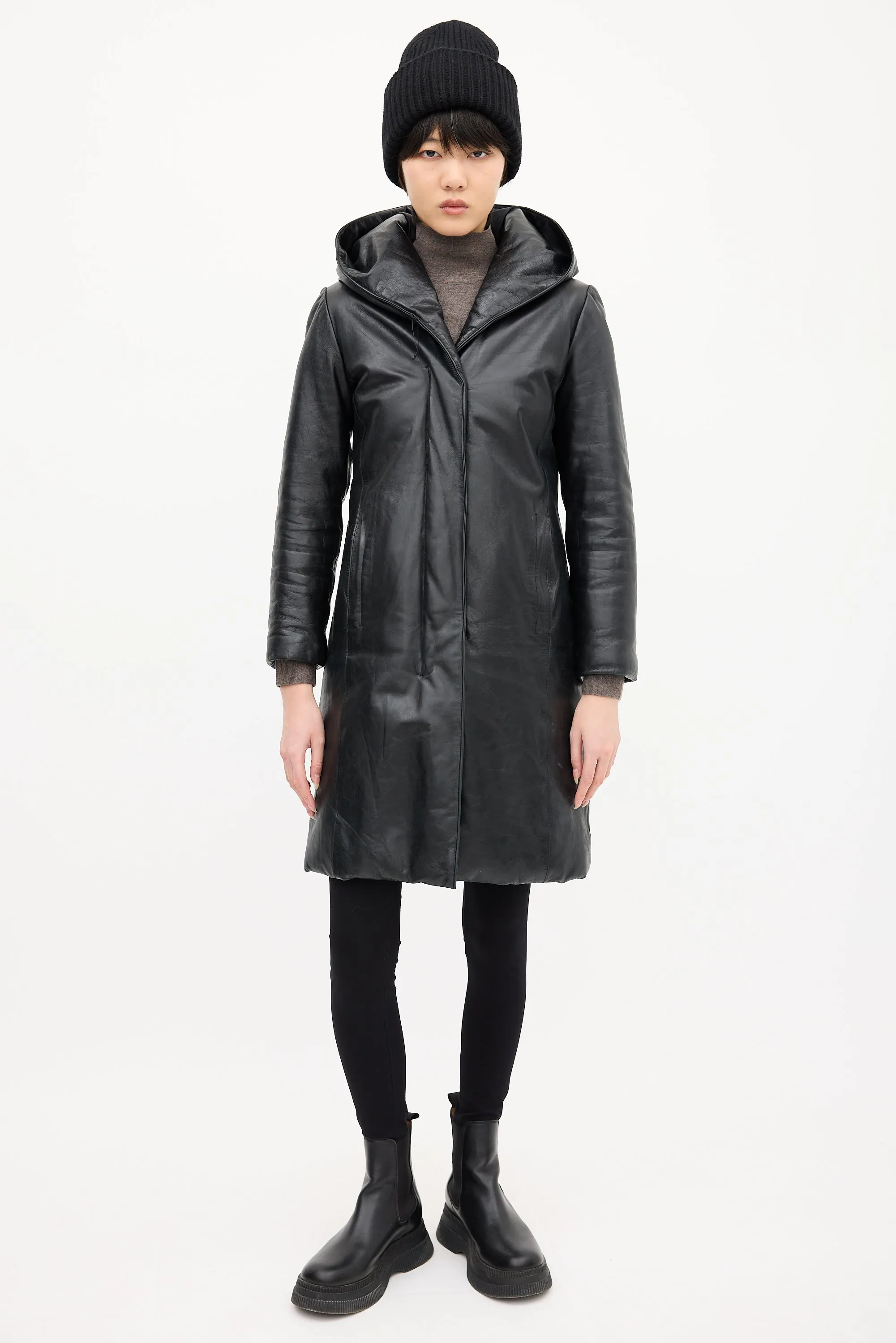Black Leather Hooded & Padded Coat
