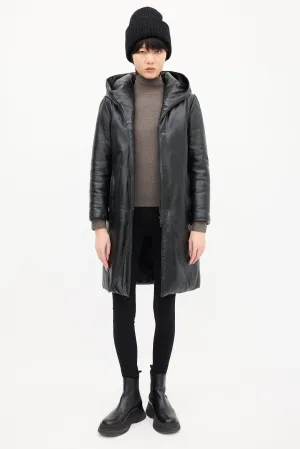 Black Leather Hooded & Padded Coat