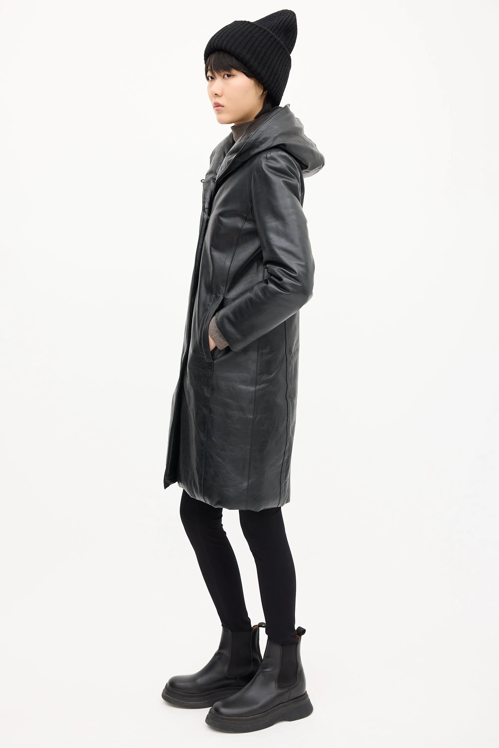 Black Leather Hooded & Padded Coat