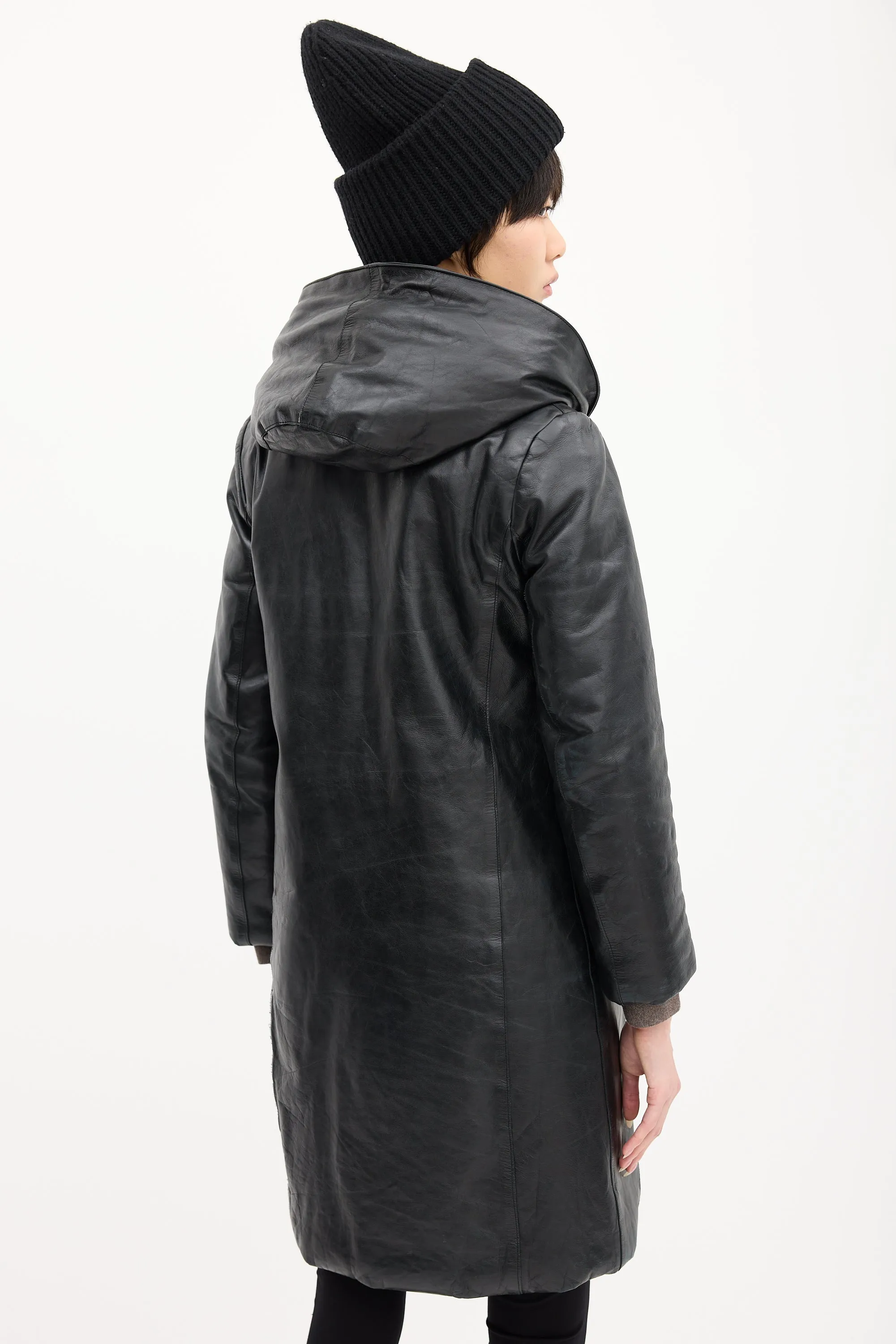 Black Leather Hooded & Padded Coat