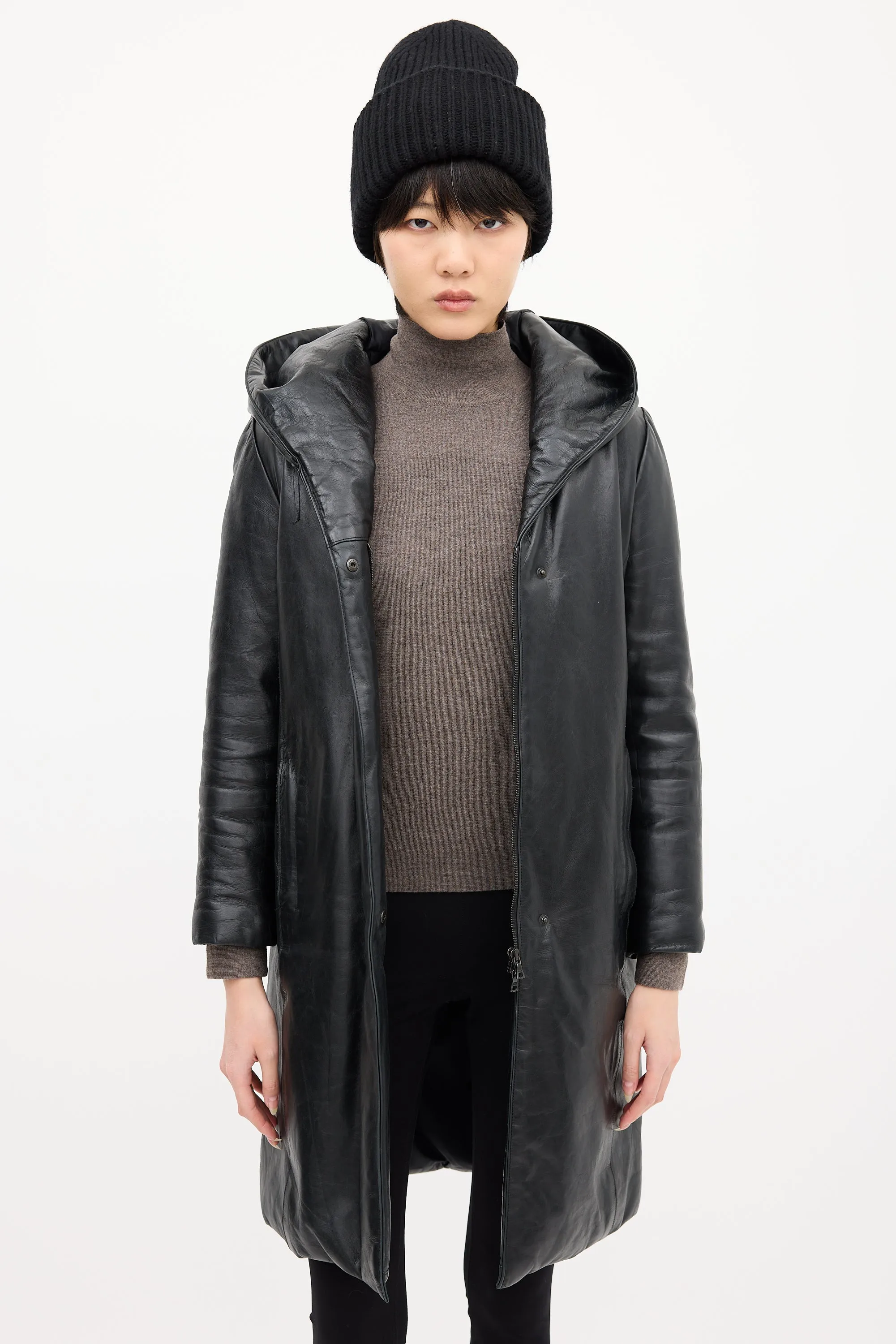 Black Leather Hooded & Padded Coat