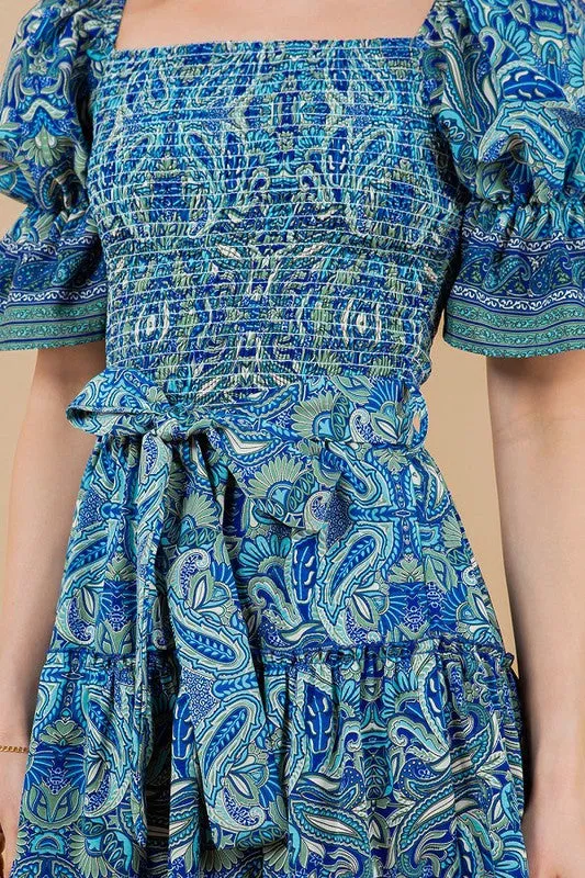 Blue Paisley Smocked Tiered Puff Sleeve Dress