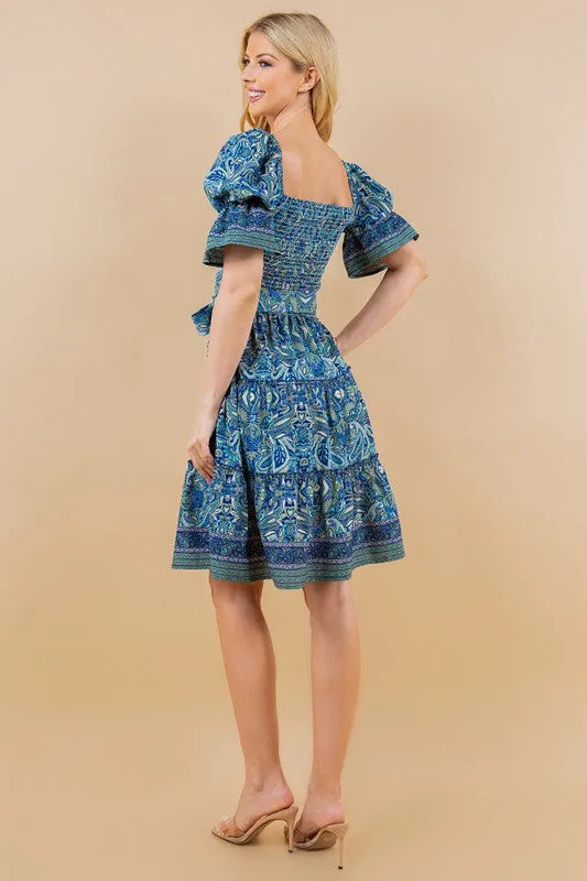 Blue Paisley Smocked Tiered Puff Sleeve Dress