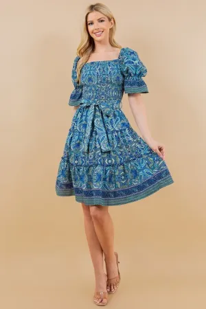 Blue Paisley Smocked Tiered Puff Sleeve Dress