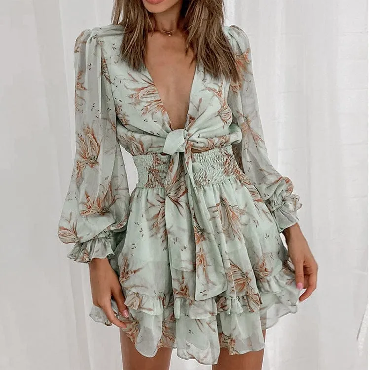 Bow Knot Ruffled Long-Sleeved Dress