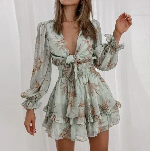 Bow Knot Ruffled Long-Sleeved Dress