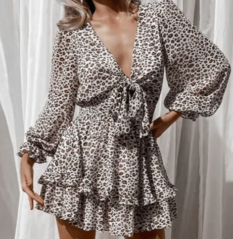 Bow Knot Ruffled Long-Sleeved Dress