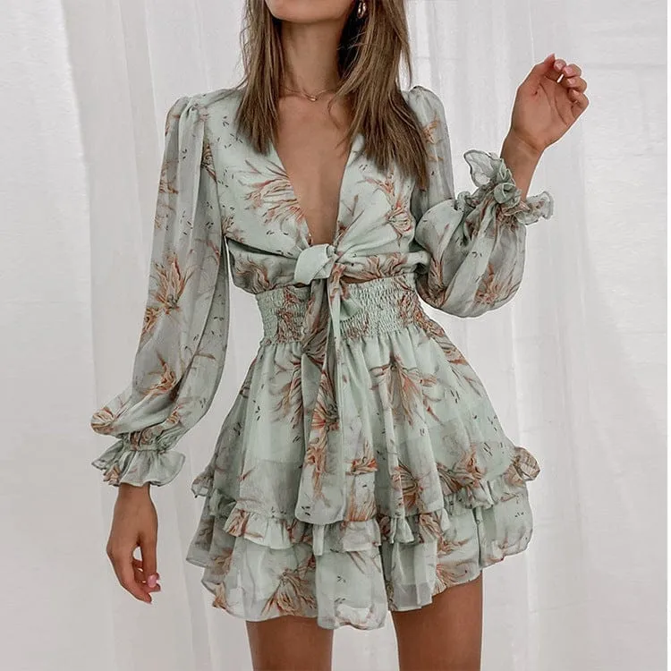 Bow Knot Ruffled Long-Sleeved Dress