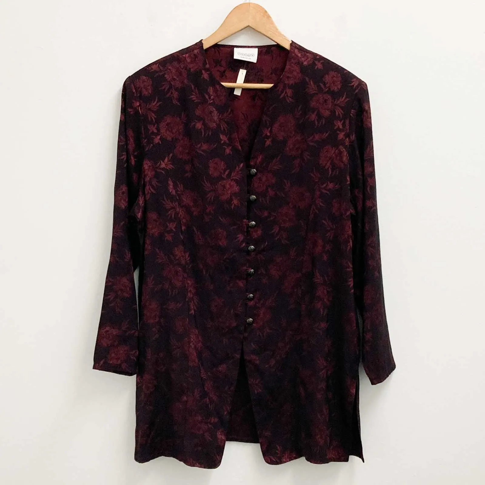 C&A Jacket UK 18 Dark Red Floral Jacquard Vintage 90s Longline V-Neck
