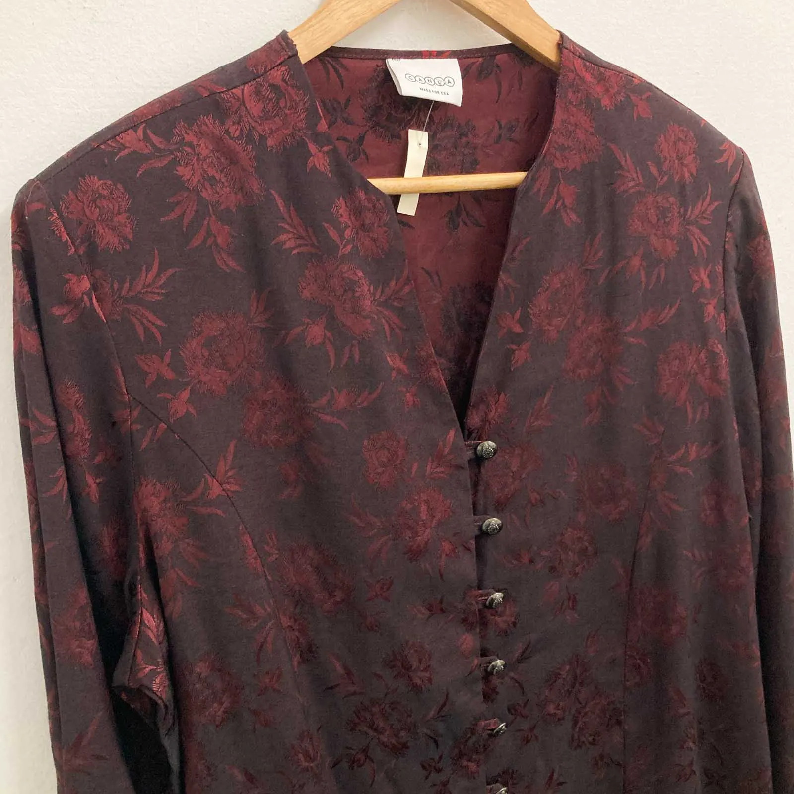 C&A Jacket UK 18 Dark Red Floral Jacquard Vintage 90s Longline V-Neck