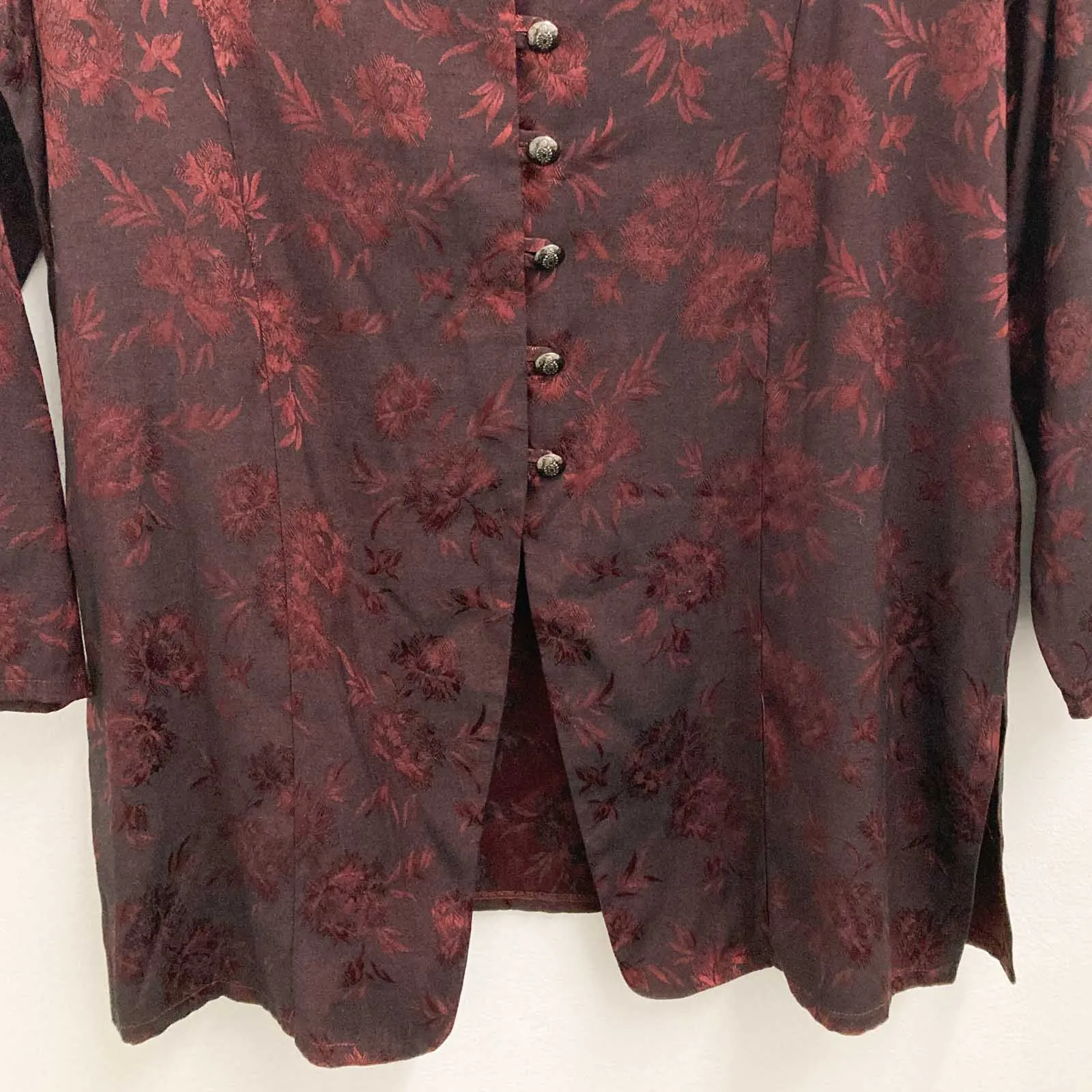 C&A Jacket UK 18 Dark Red Floral Jacquard Vintage 90s Longline V-Neck