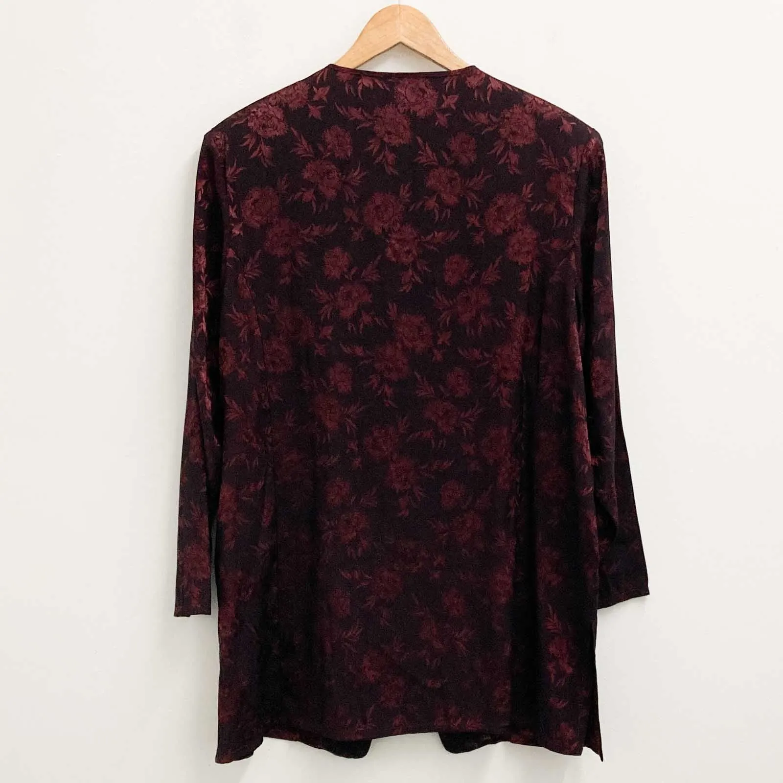 C&A Jacket UK 18 Dark Red Floral Jacquard Vintage 90s Longline V-Neck