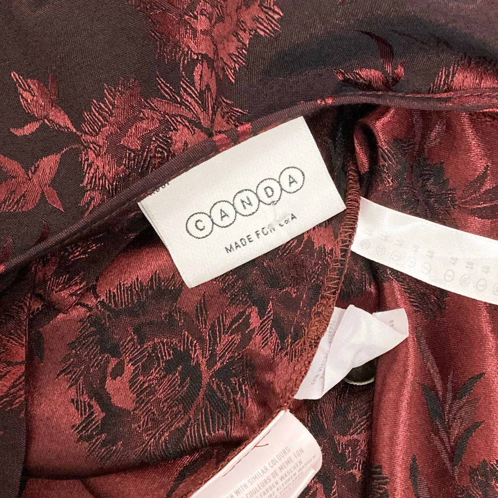 C&A Jacket UK 18 Dark Red Floral Jacquard Vintage 90s Longline V-Neck