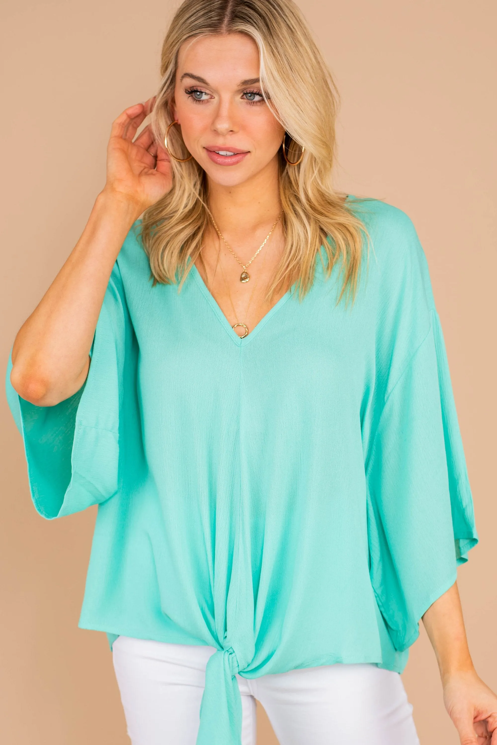 Can't Walk Away Mint Green Tied Hem Top