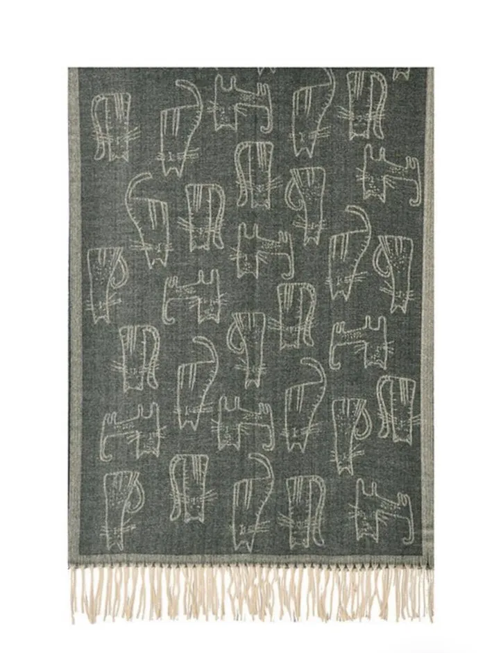 Cat Design Woven Winter Scarf In Navy
