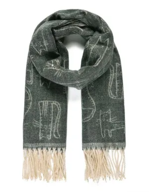 Cat Design Woven Winter Scarf In Navy