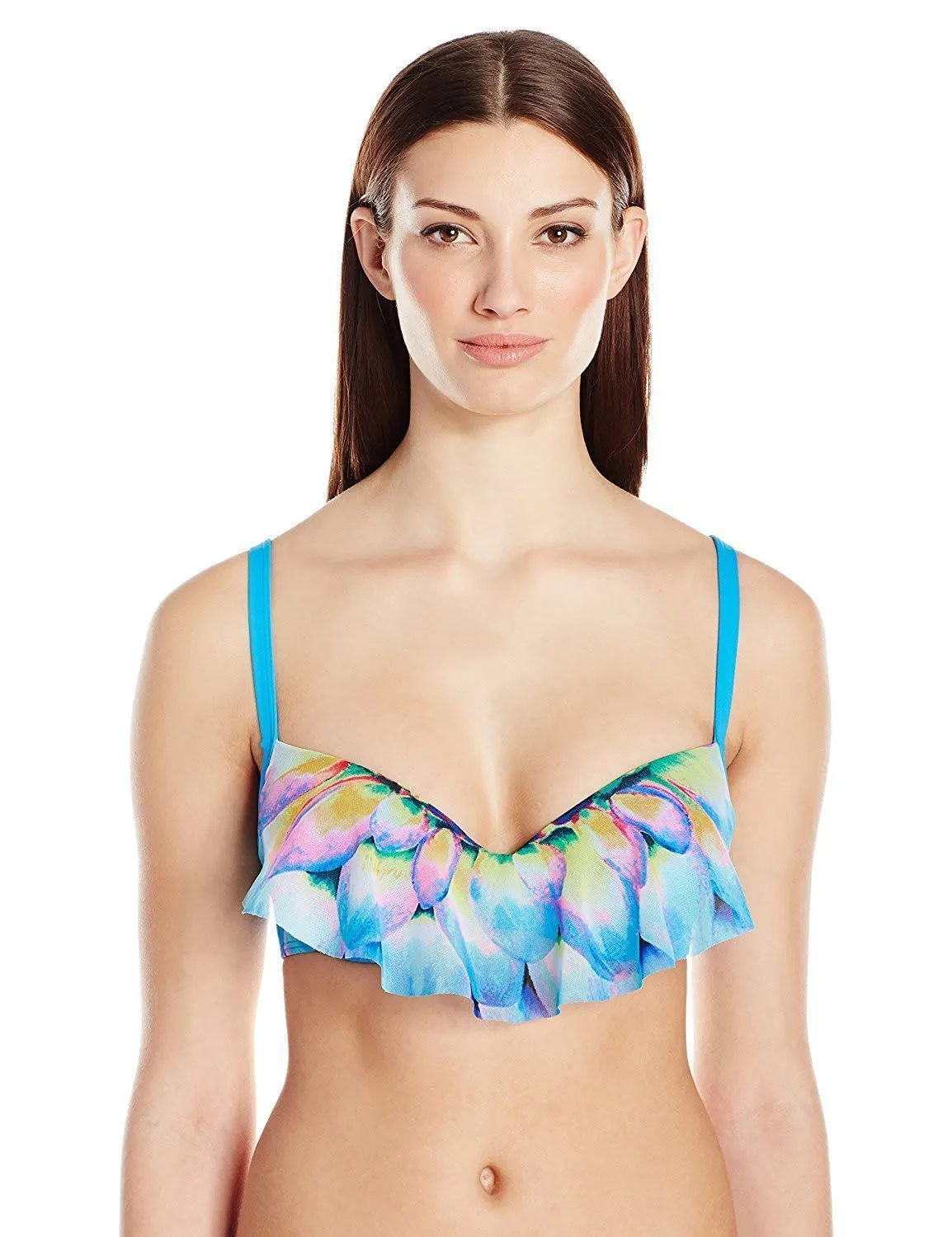 Coco Reef Women's Floral Ruffle Underwire Bikini Top, Blue, 36-38D