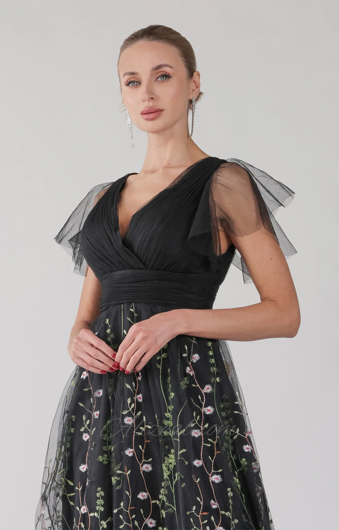 Embroidered Ruched Tulle Ruffle A-Line Maxi Dress