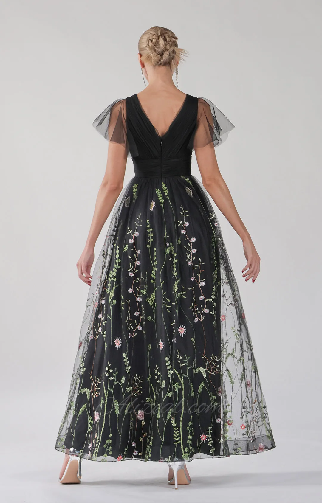 Embroidered Ruched Tulle Ruffle A-Line Maxi Dress