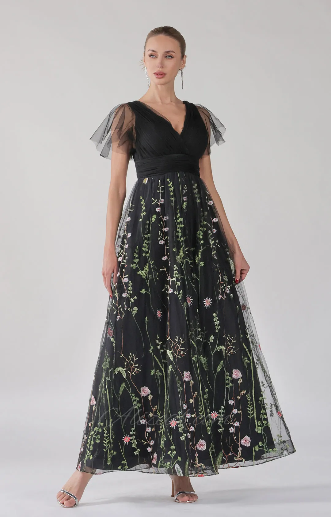 Embroidered Ruched Tulle Ruffle A-Line Maxi Dress