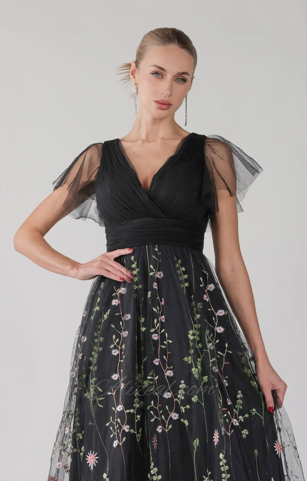 Embroidered Ruched Tulle Ruffle A-Line Maxi Dress