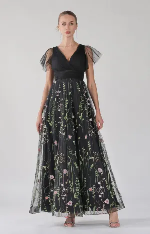 Embroidered Ruched Tulle Ruffle A-Line Maxi Dress