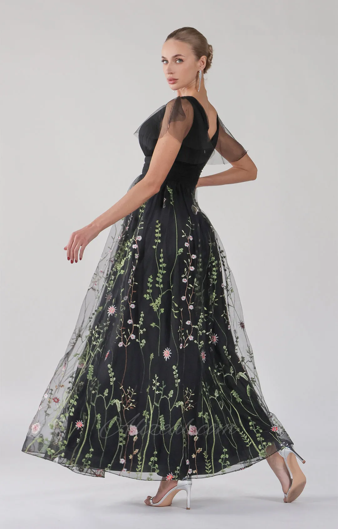 Embroidered Ruched Tulle Ruffle A-Line Maxi Dress