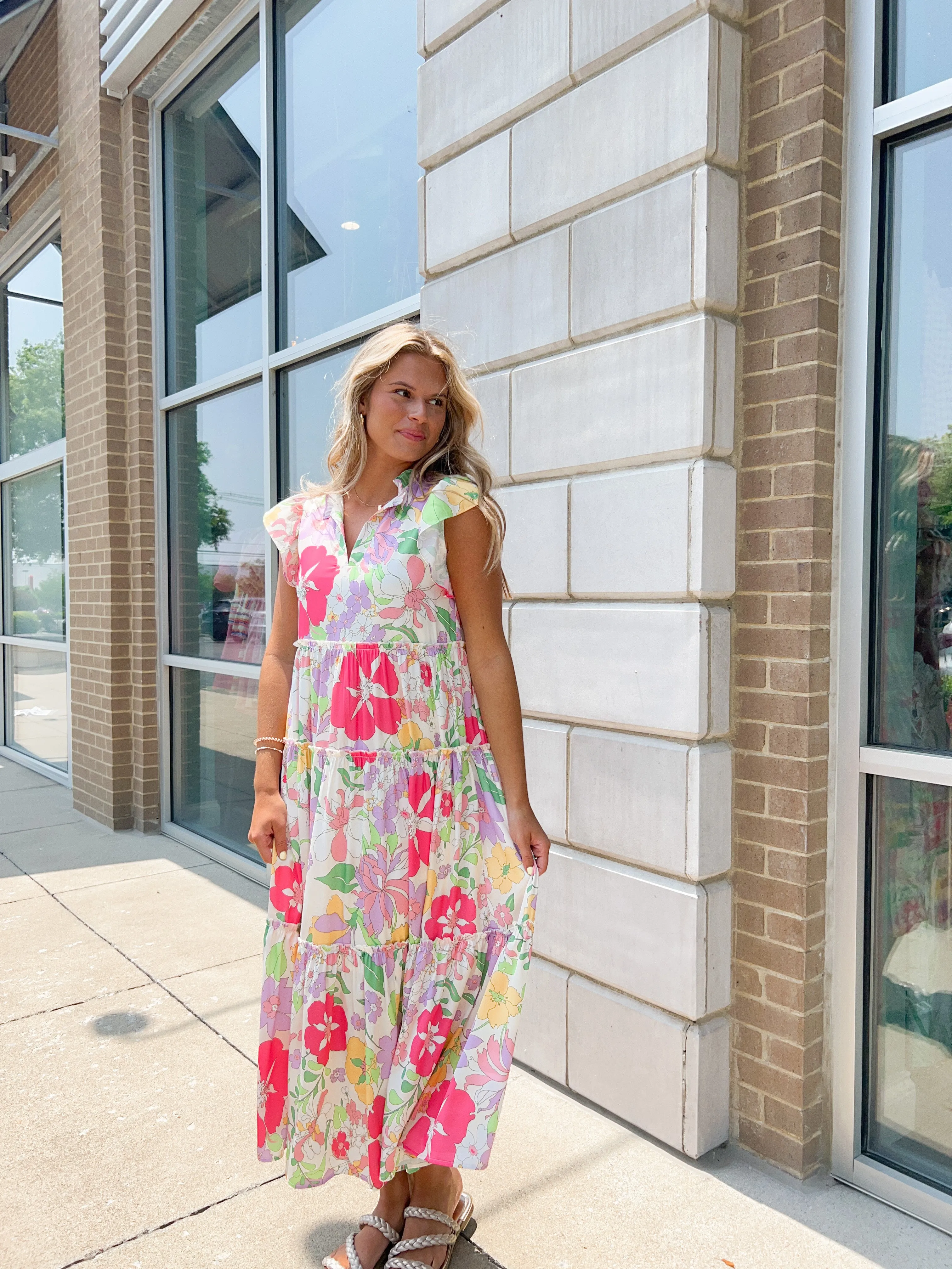 Floral Multi Color Flutter Sleeve Maxi Dress
