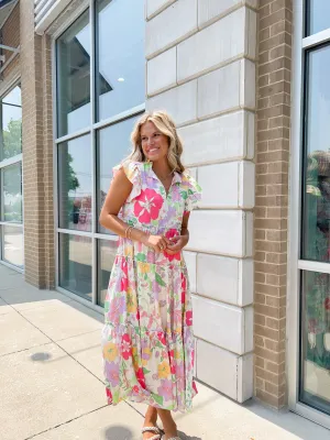 Floral Multi Color Flutter Sleeve Maxi Dress