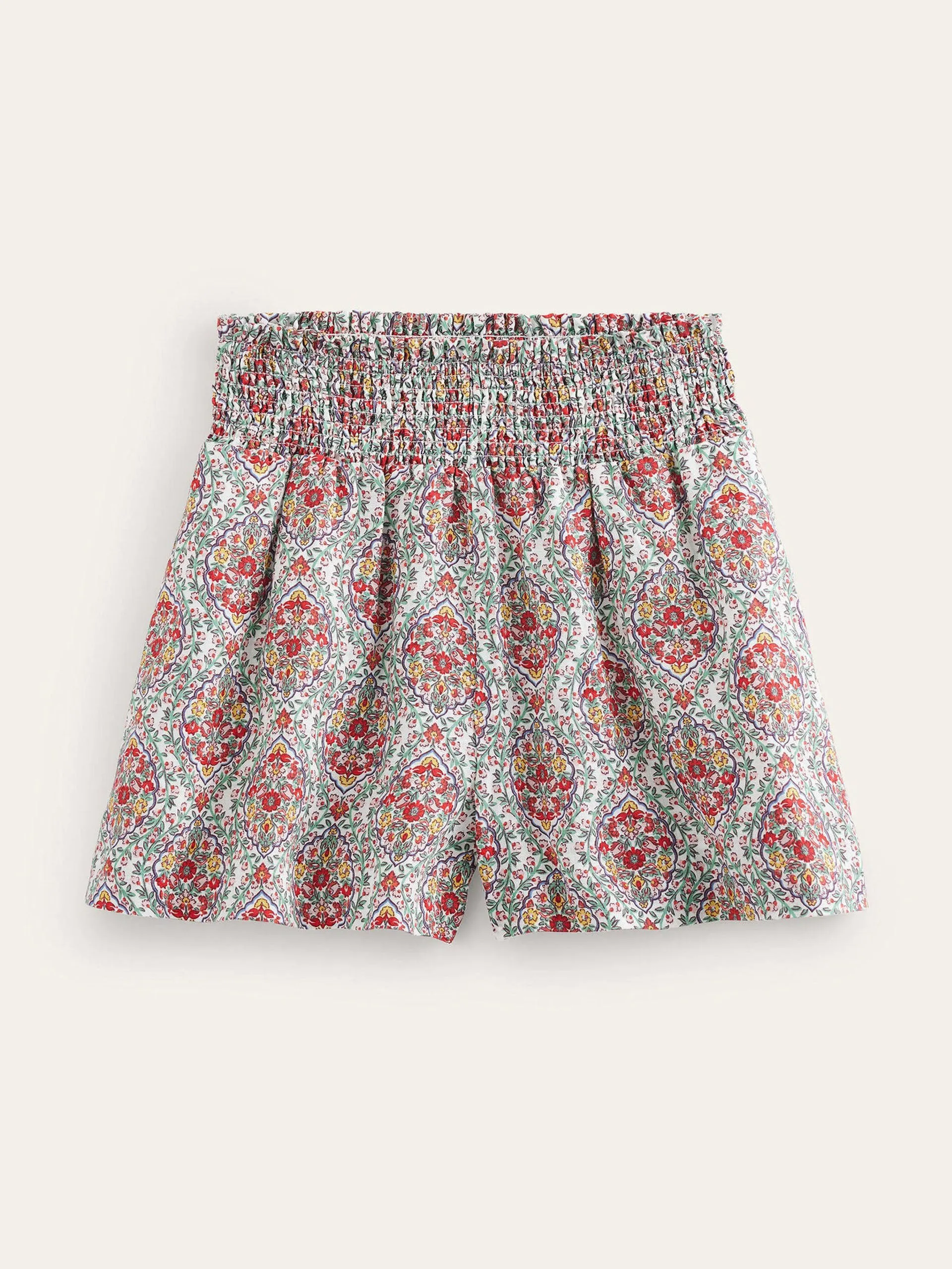 Floral-print linen shirred waist shorts