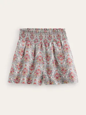 Floral-print linen shirred waist shorts