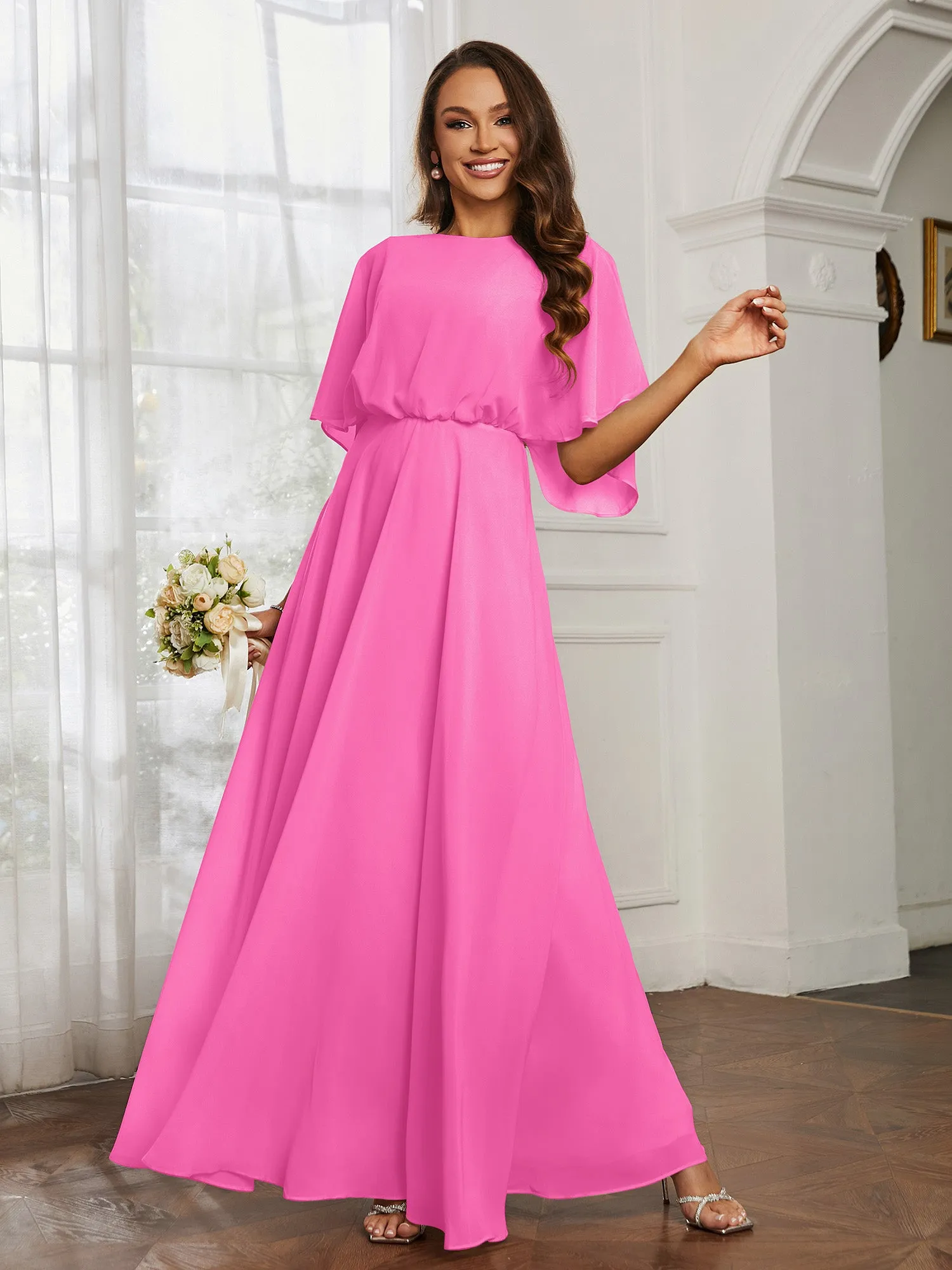 Flutter Sleeves Long Chiffon Bridesmaid Dresses-Azalea