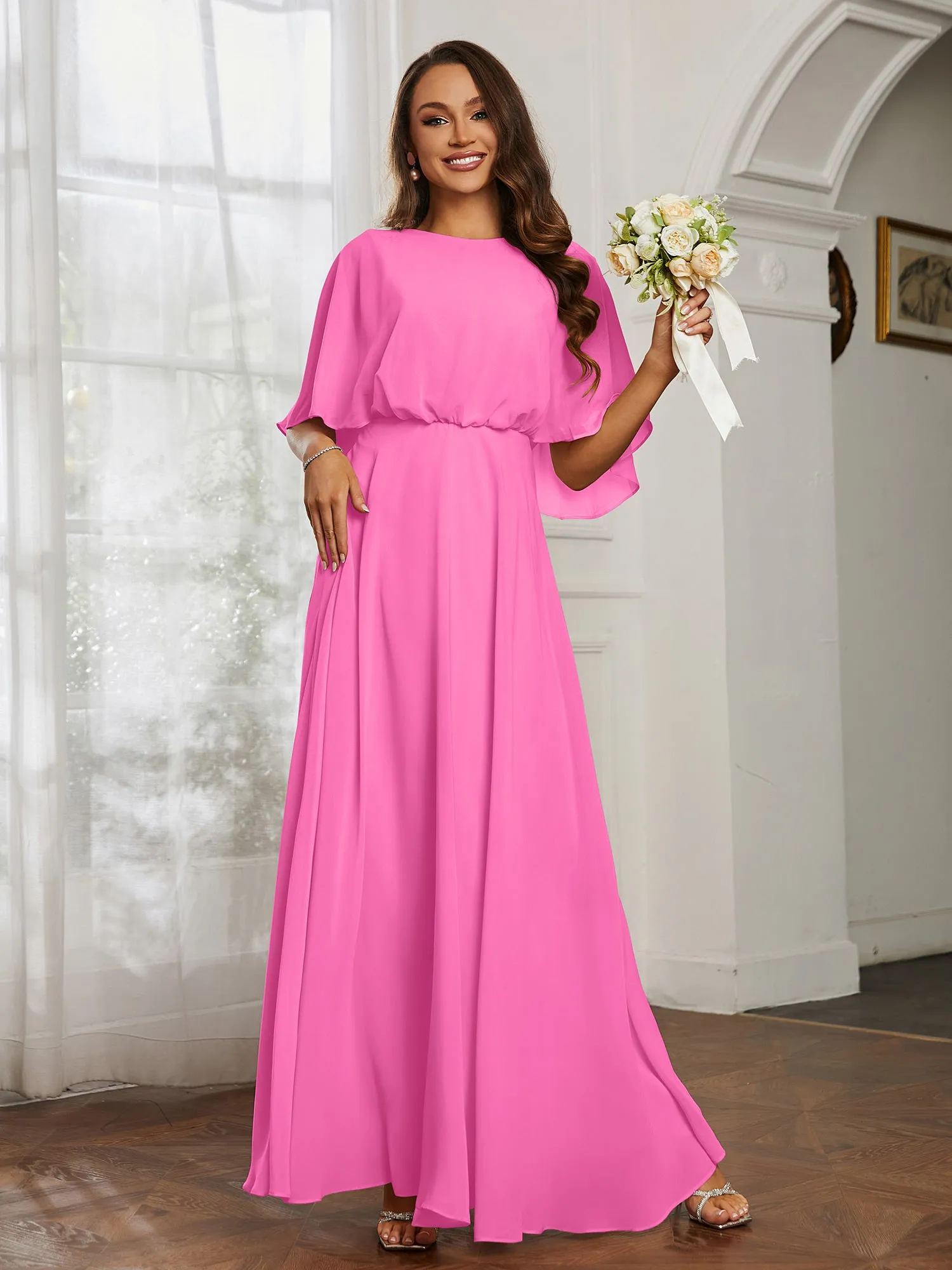 Flutter Sleeves Long Chiffon Bridesmaid Dresses-Azalea