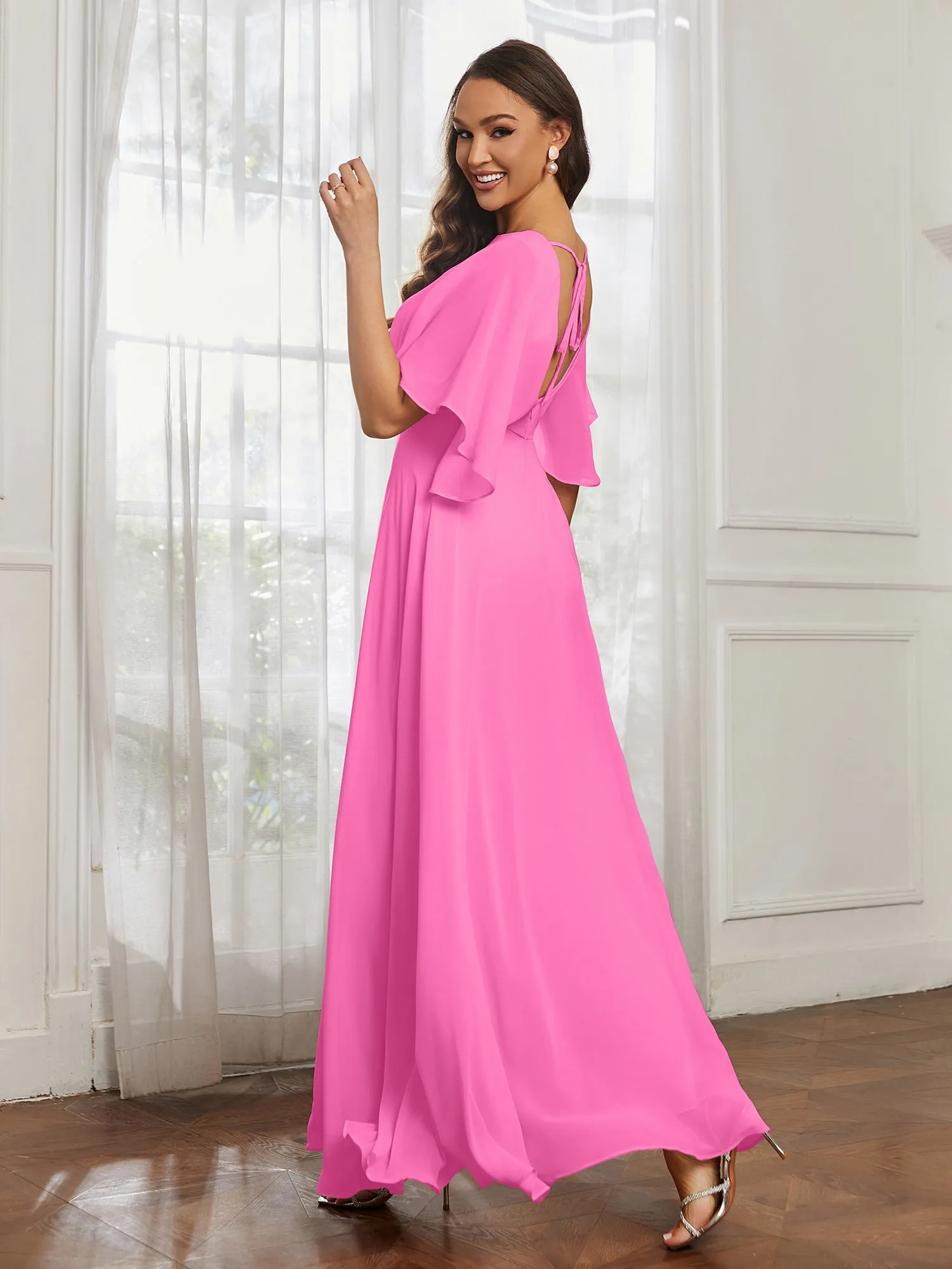 Flutter Sleeves Long Chiffon Bridesmaid Dresses-Azalea